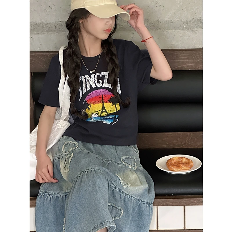 K28262女童短款T恤2025夏装新款儿童短袖上衣春夏女大童休闲打底t