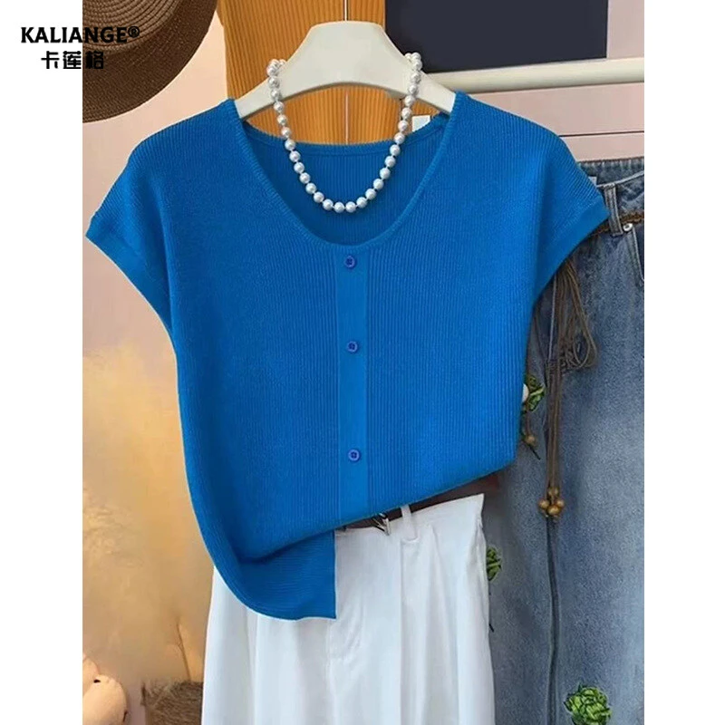 卡莲格/克莱因蓝小飞袖短袖针织衫t恤女夏季薄款设计感小众短上衣