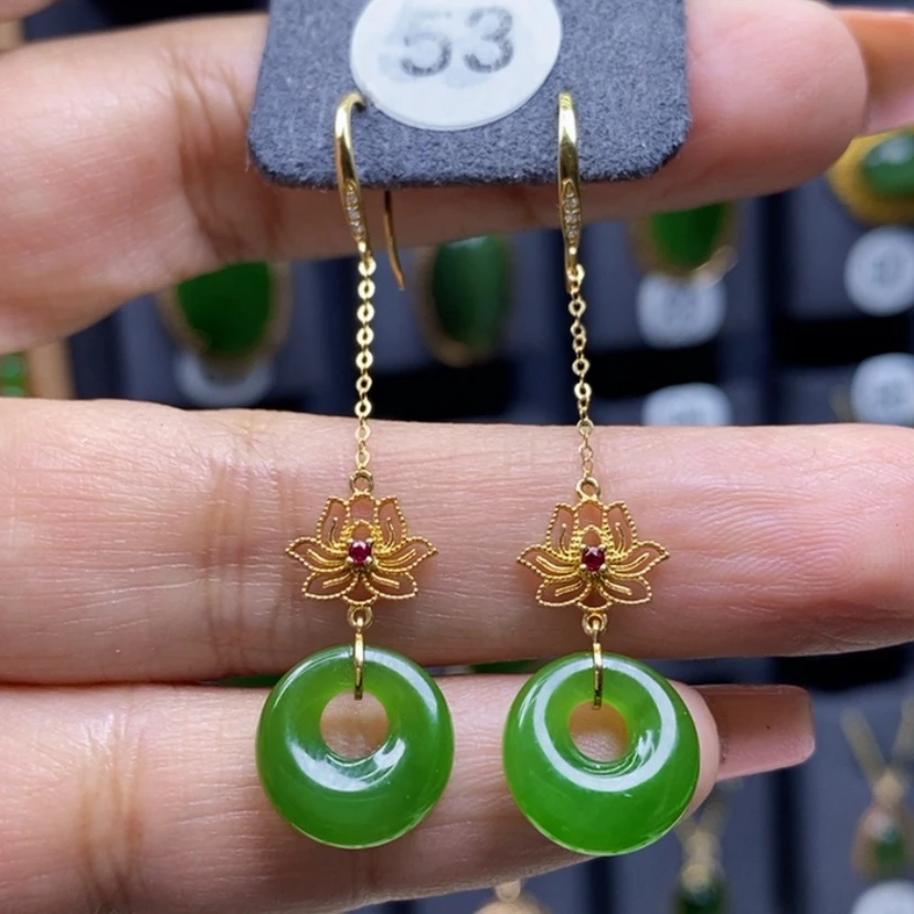 【闪购商品】和田玉耳饰18K金镶嵌11.9x4.9mm平安公主扣厚金耳饰