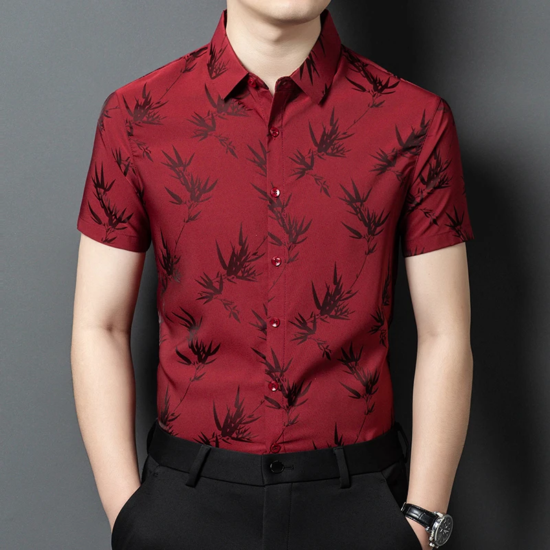 新款夏季冰丝短袖花衬衫男士宽松半袖休闲中年爸爸装碎花衬衣免烫