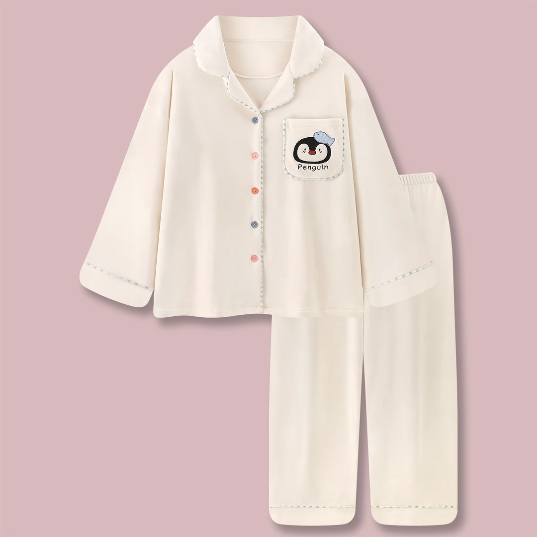 『鱼饼企鹅』海岛绒睡衣女冬季家居服秋冬薄绒长袖牛奶绒冬天套装