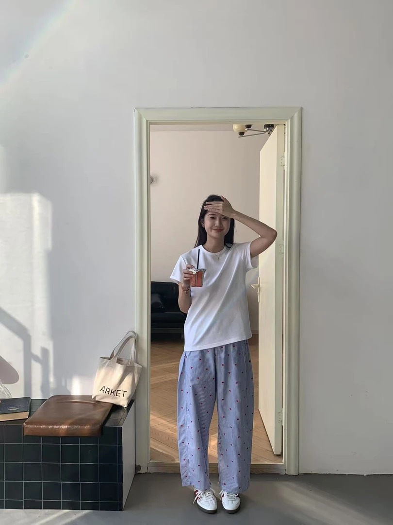 露露Ersan#宽松显瘦爱心刺绣条纹裤#2335（裤长94cm 腰围66【早夏款