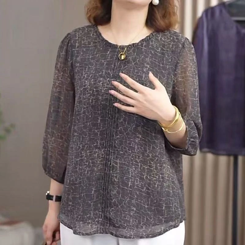 大码莱赛尔天丝圆领上衣妈妈装长袖夏季春夏印花圆领T恤气质中年