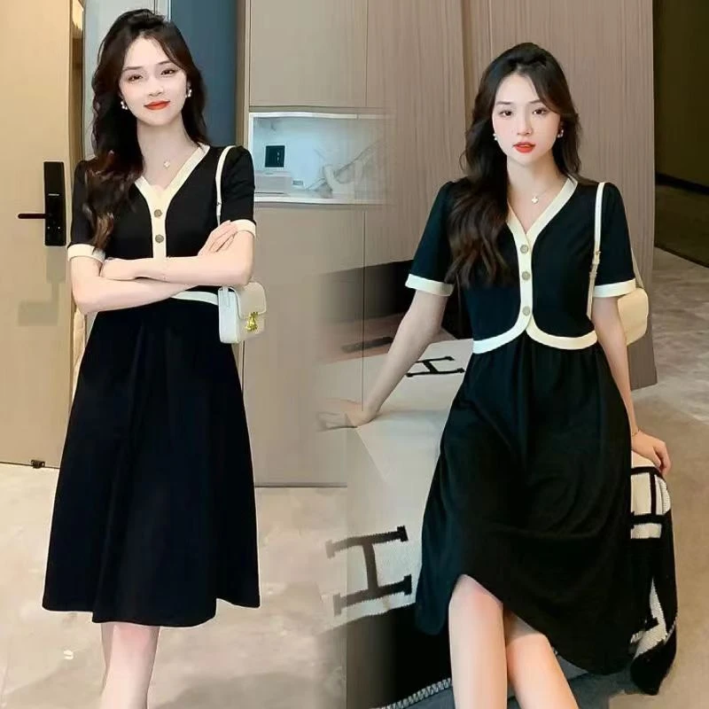 2025新款v领连衣裙女夏气质法式赫本风修身收腰显瘦过膝高腰长裙
