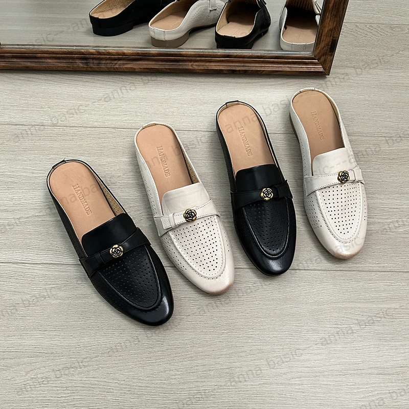 2cm/1961牛皮平跟包头半拖鞋女外穿夏季百搭镂空真皮穆勒鞋凉拖
