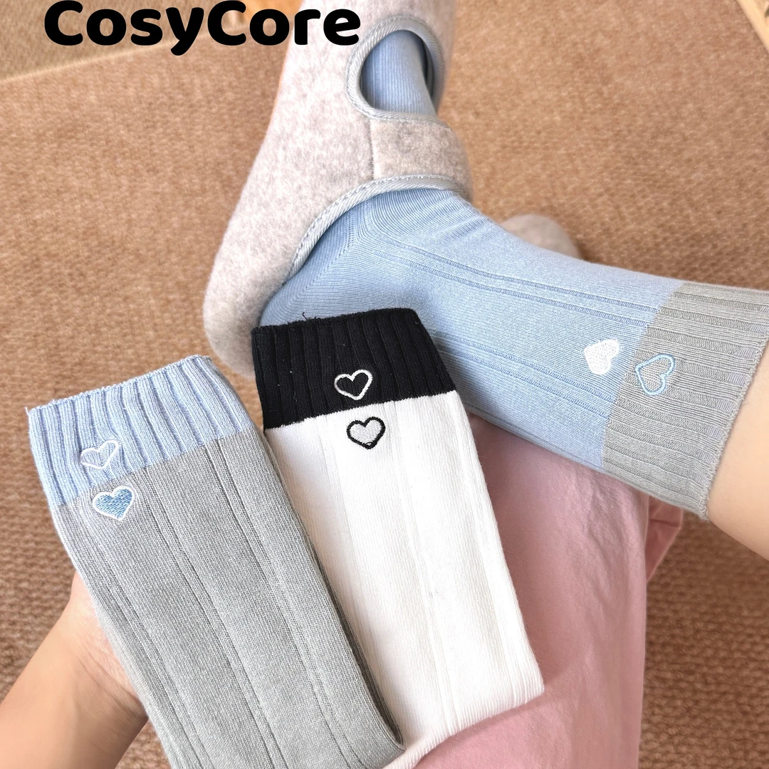 拼色竖条爱心刺绣袜子女秋冬款棉袜韩版中筒堆堆袜学生学院风百搭