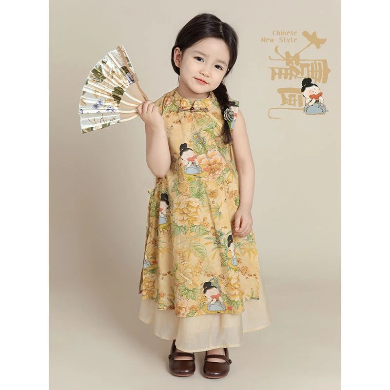 吾里卜一女童中式国风套装薄2025夏季甜美可爱唐风开叉旗袍半身裙