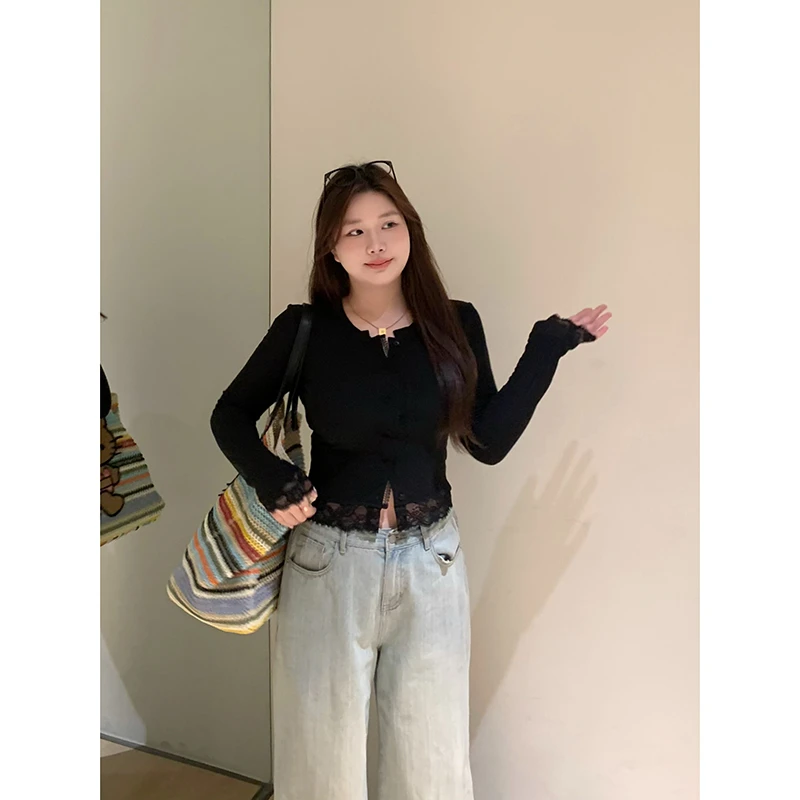 王少女的店【现】黑色圆领长袖针织衫春夏显瘦辣妹上衣 Z29747S51