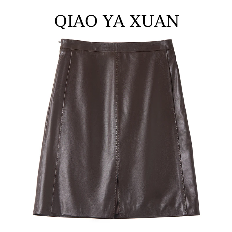 欧洲站植真皮小羊皮包臀裙前开叉高腰a字半身裙女2024过年秋新款