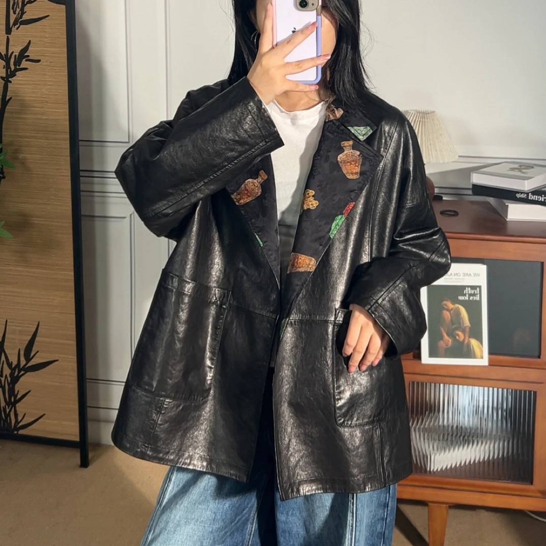 双面穿风衣真皮绵羊皮复古皮衣朋克风薄款夹克插肩袖外套