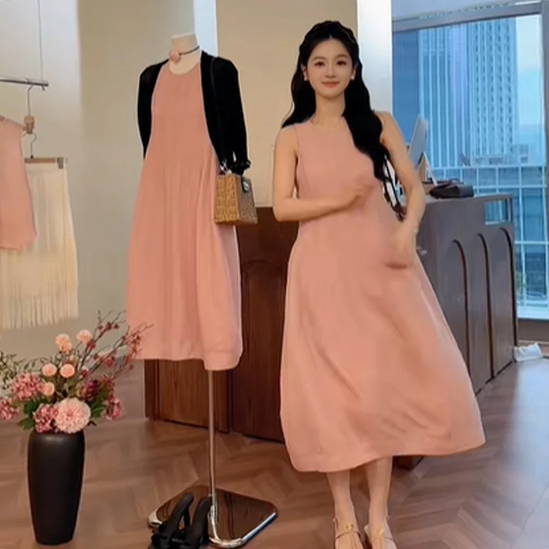 4575粉色无袖背心吊带连衣裙子女早秋季2025新款小个子法式长裙