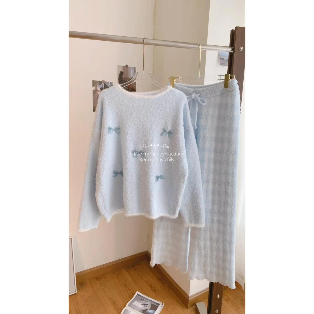 【DMXJ大梦想家】甜美蝴蝶结边绒睡衣女冬季新款保暖加厚家居服套装