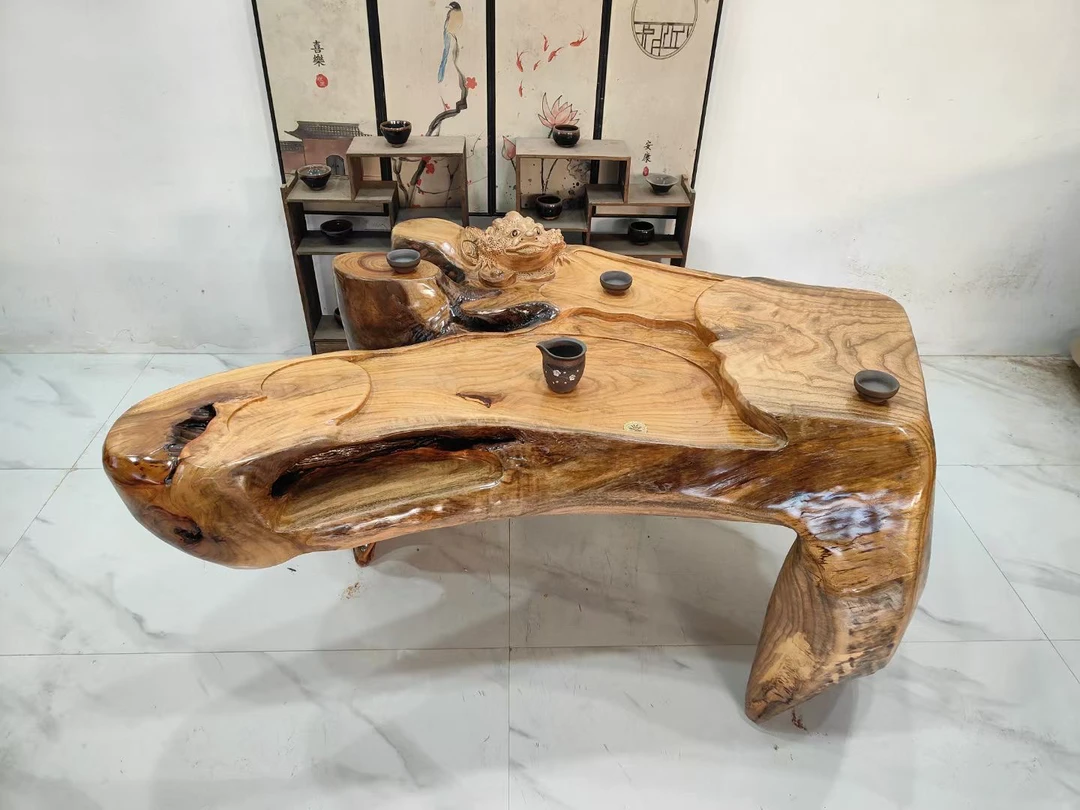 D2807香樟木整体根雕茶台阳台客厅家用茶几招财进宝135-96-66厘米
