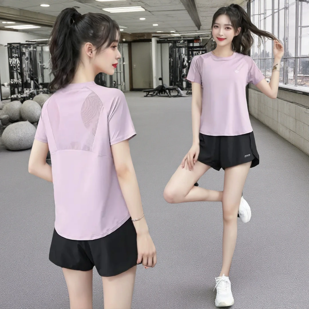 新款修身瑜伽服女运动套装速干短袖上衣紧身健身裤宽松纯色休闲