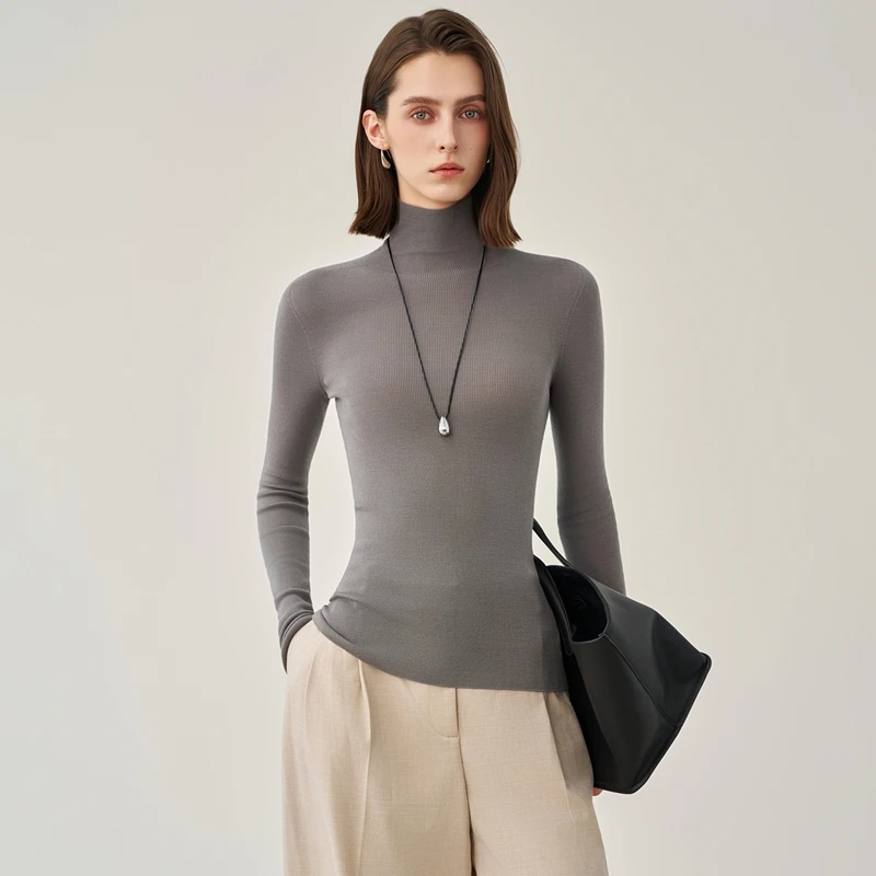 女扬子纱18针精纺100%超细美丽诺羊毛修身显瘦长袖纯色堆堆领套衫