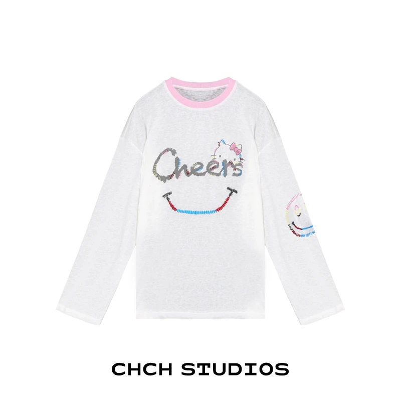 RATX63114初秋松弛感KT猫上衣显瘦白色刺绣防晒罩衫长袖t恤女