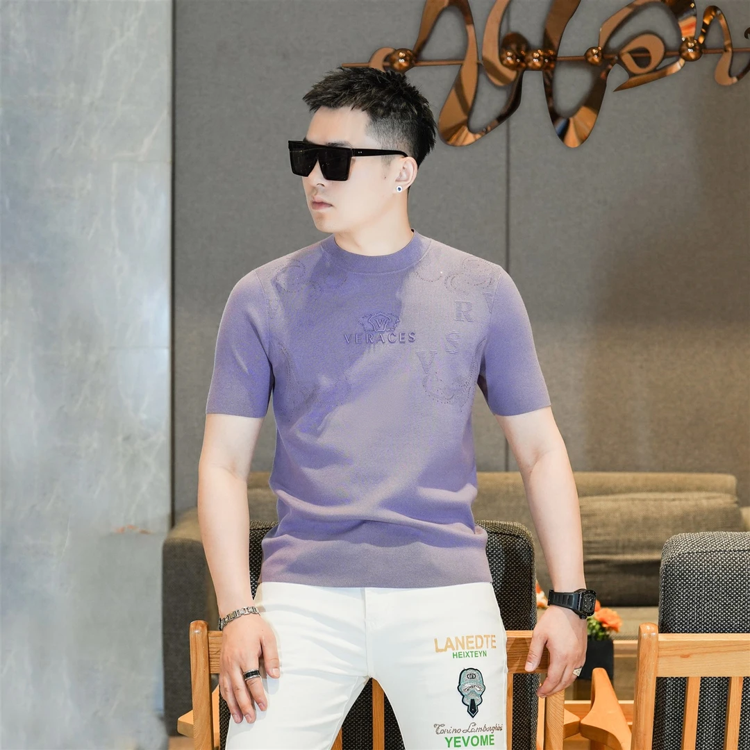 春秋新款圆领针织短袖t恤男修身提花半袖打底衫毛衣欧货潮KL8815