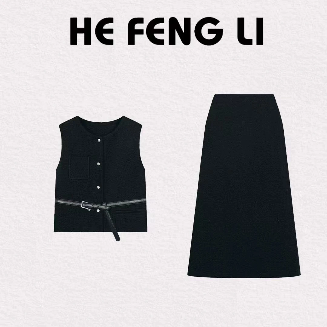 时尚百搭套装【海盐暗语】秋季梭织百搭纽扣马甲简约A字半裙两件套