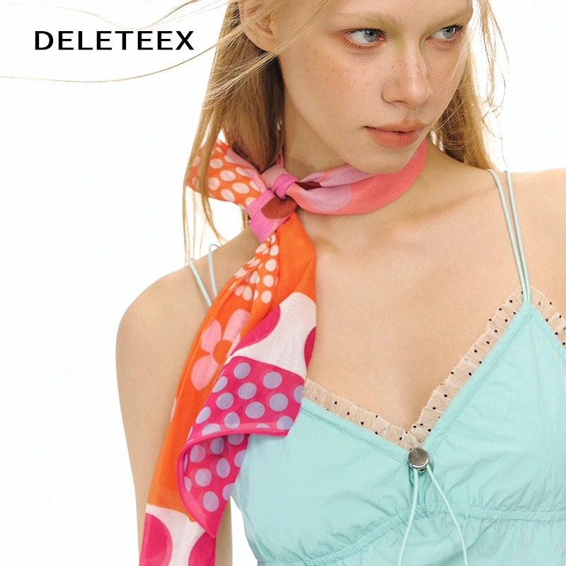 Deleteex原创悠然假期设计师橙色格子花卉多功能双层丝带头巾带