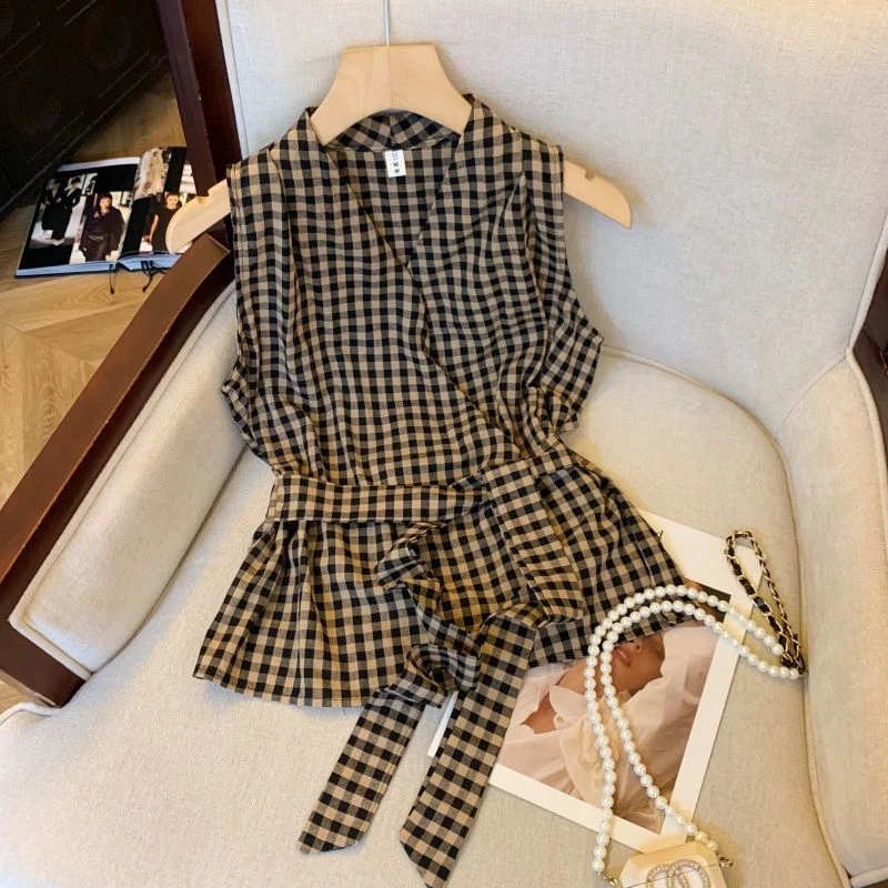 韩版百搭咖色格纹小设计气质吊带背心女夏季新款绑带时尚宽松上衣