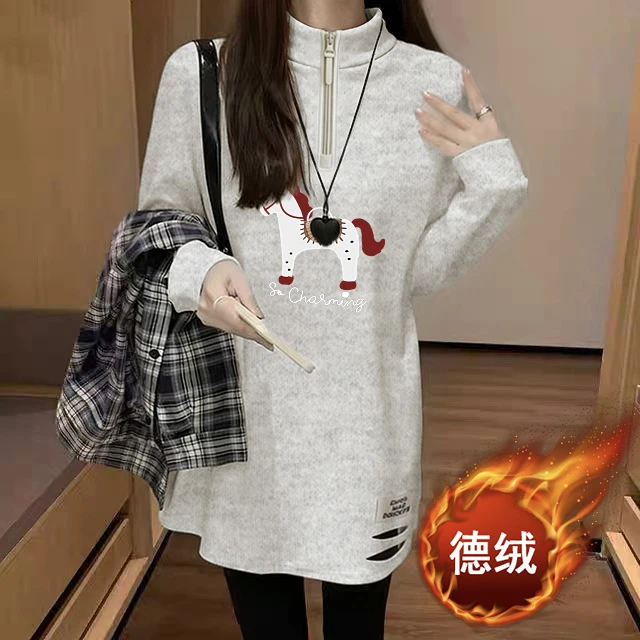 德绒保暖拉链半高领秋冬新款上衣女破洞下摆中长款显瘦T恤印花款