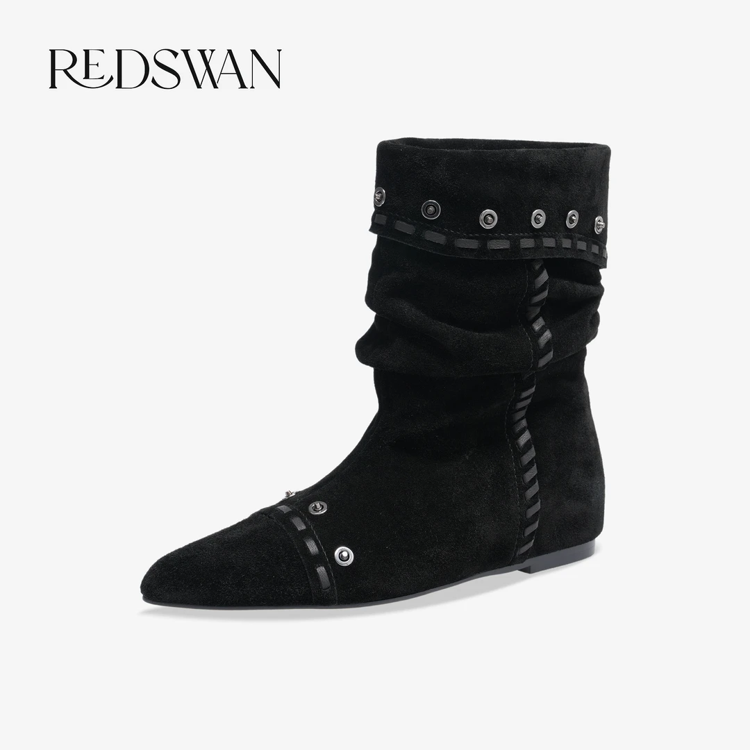 REDSWAN 时尚秋冬绒里棉鞋防滑秋棉靴尖头高筒女平底中国风短靴