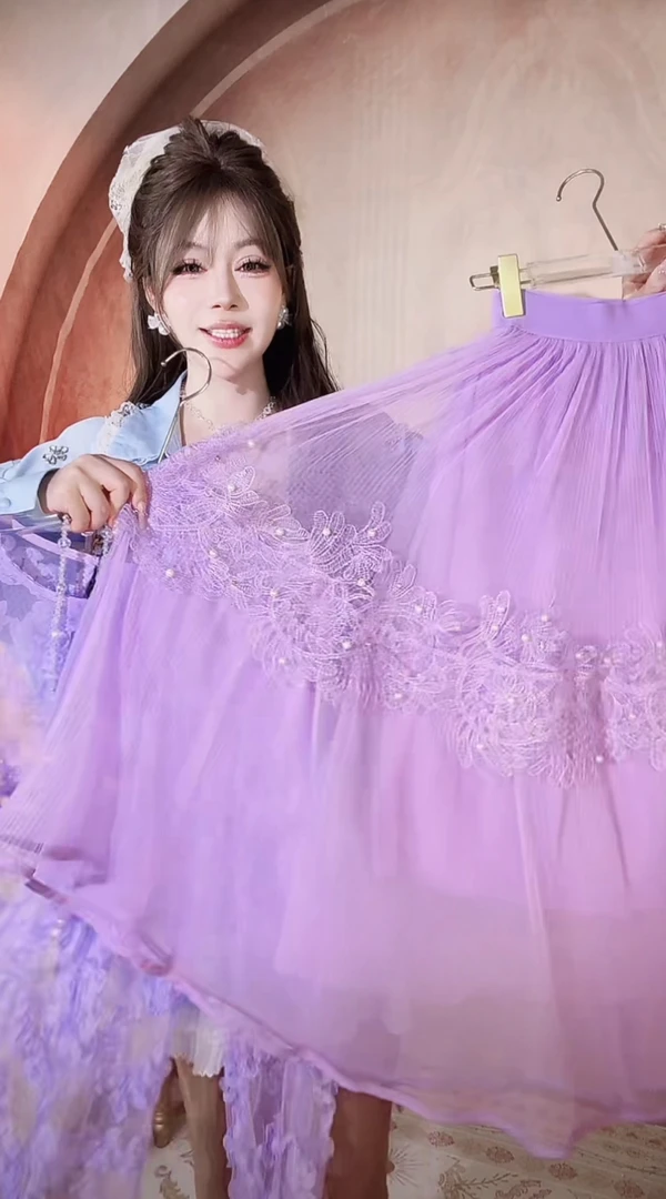 【崔】B0083 甜美网纱蕾丝拼接半身裙高腰显瘦中长款裙子