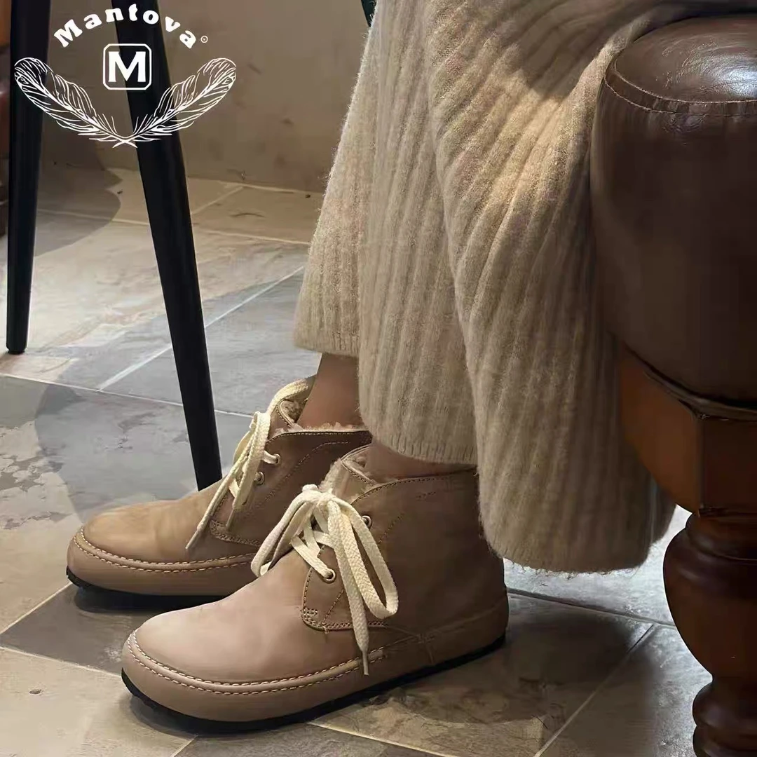 Mantova冬季新款棉鞋水洗马皮羊毛短靴勃肯系带通勤百搭保暖抗风