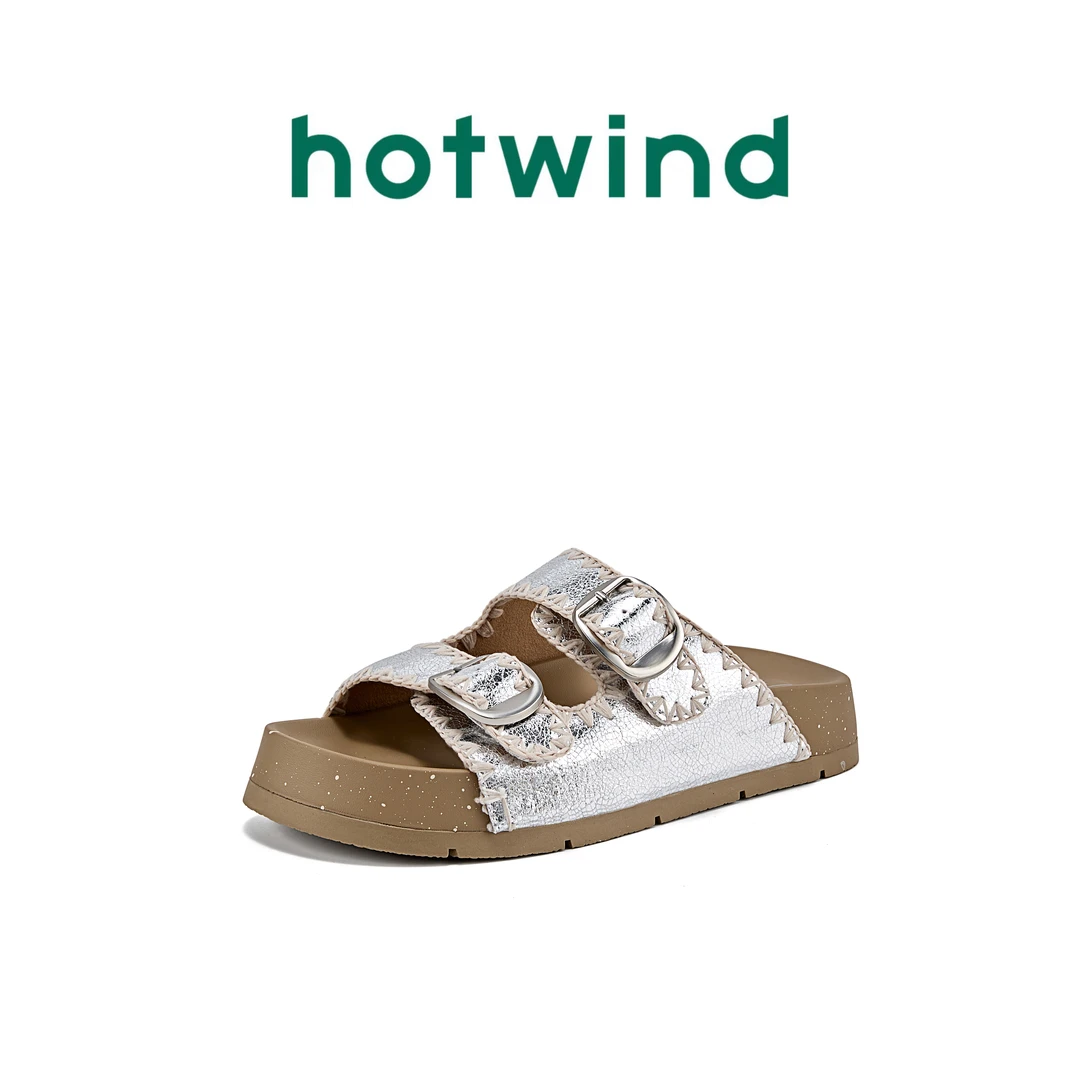Hotwind/热风夏季新款双排扣软木底拖鞋经典百搭款平底外穿凉拖鞋