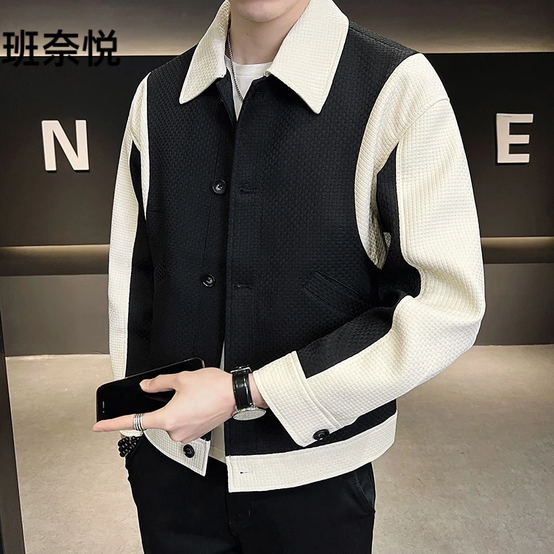 高级感拼色翻领夹克男秋季2025新款潮流宽松男士外套春秋款上衣服