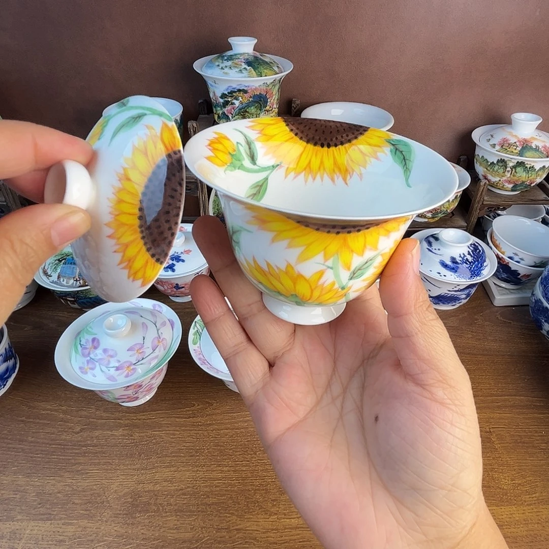 意堂釉下彩欣欣向荣盖碗微瑕不退