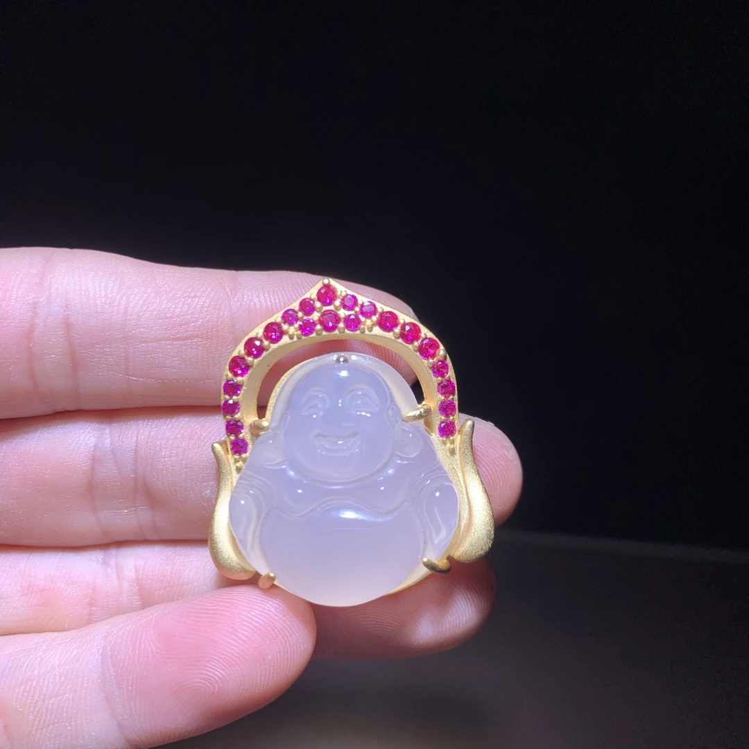 高冰透玉髓佛公笑佛弥勒佛笑口常开 铜镀金气质新中式珠宝2099