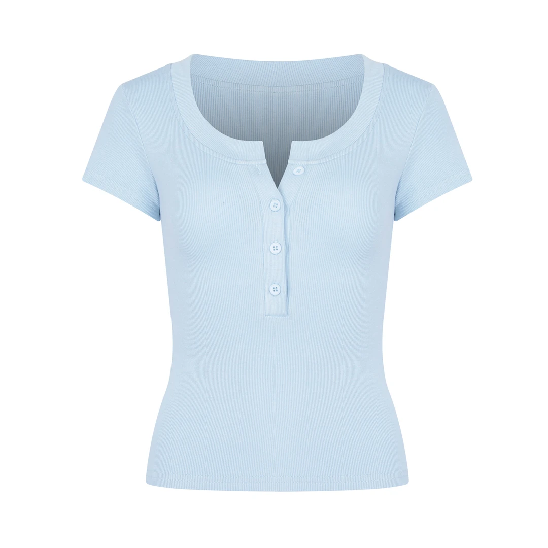 【Aliu自制】半开U领四粒扣短袖纯色正肩T恤女新款修身显瘦短款上衣