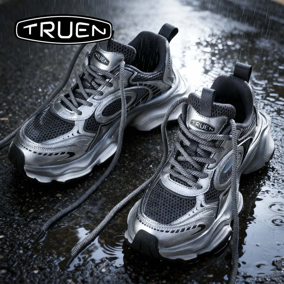 真恩银黑反光老爹鞋机能风网面透气厚底增高不笨重潮流运动鞋男
