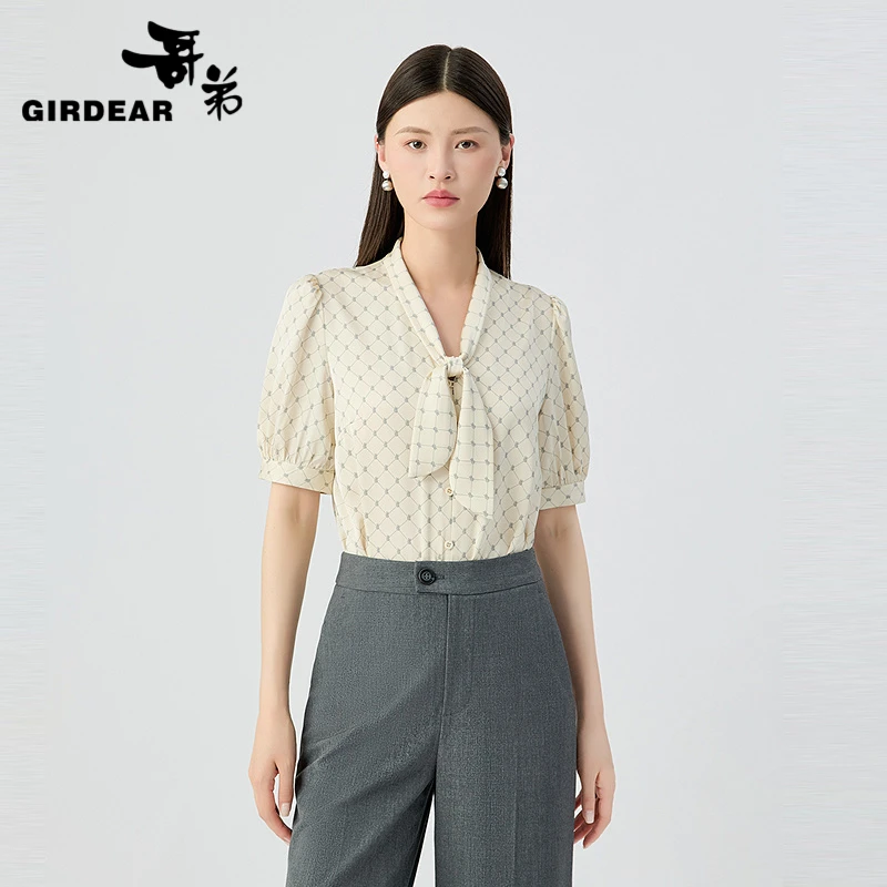 GIRDEAR/哥弟 复古气质洋气V领飘带灯笼袖夏季衬衫 130047