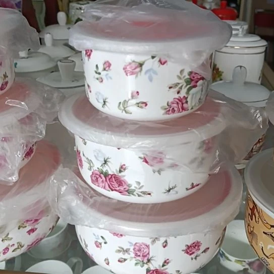 新疆西藏包邮山花骨质瓷三件套保鲜碗