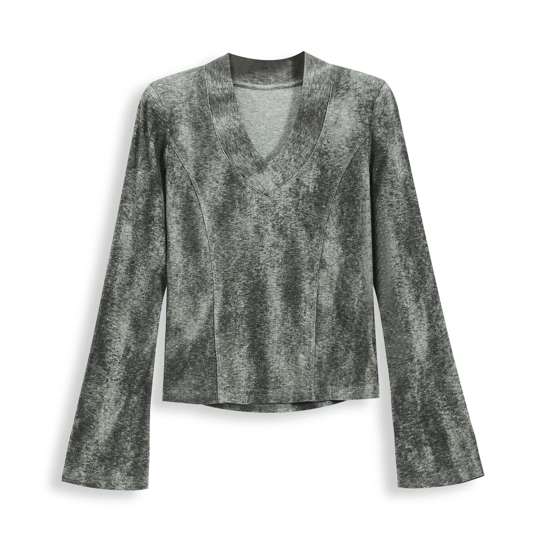 EC2025春秋款V领海绵垫肩长袖T恤女修身显瘦打底衫上衣F709