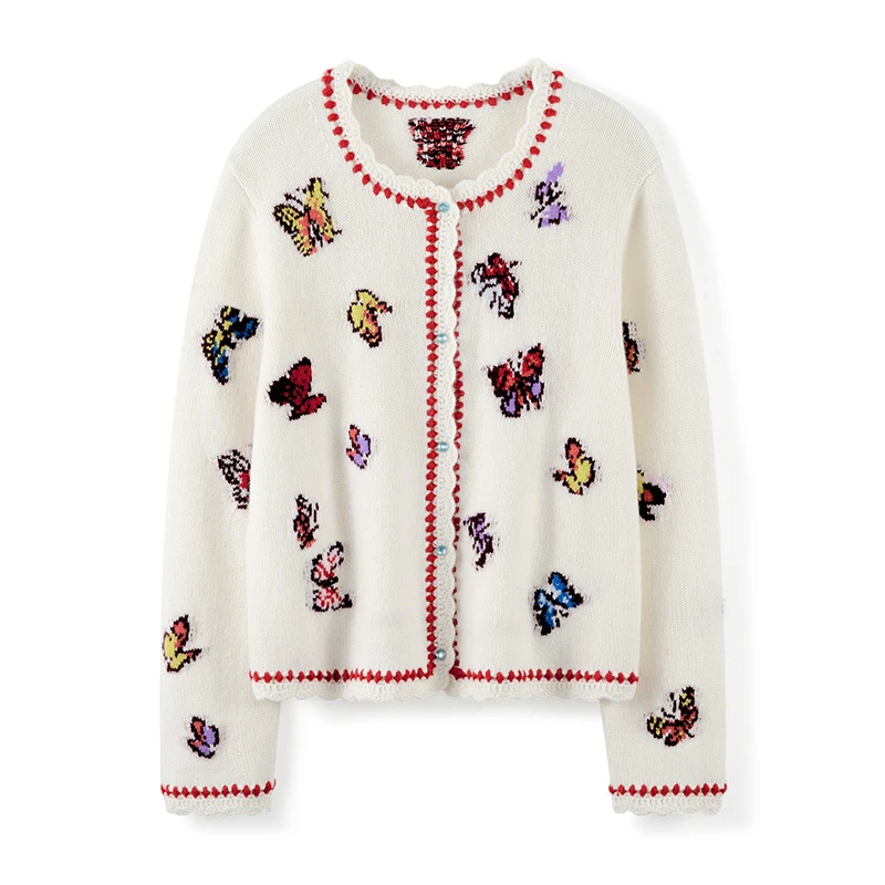 新中式~简约100%纯山羊绒蝴蝶手工提花开衫撞色百搭25年秋冬新款