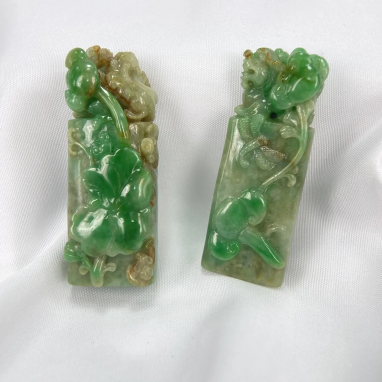 天然缅甸翡翠A货黄加绿貔貅荷花俏色印章绿色雕刻精雕巧雕一对