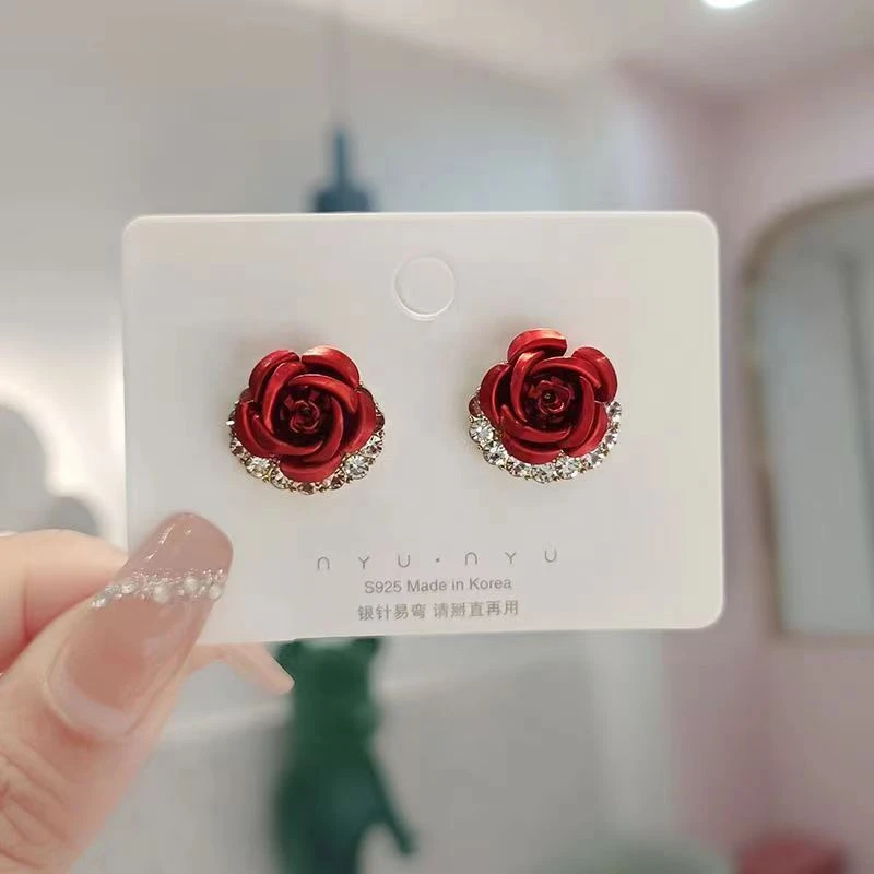 合金合成锆石耳饰 玫瑰花耳钉气质时尚个性设计感耳饰ZL0003