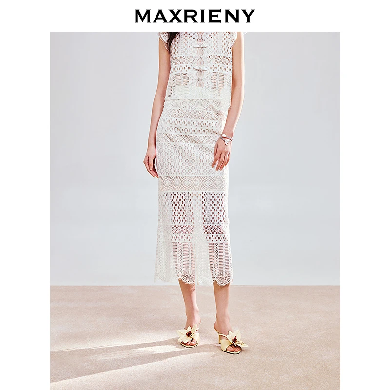 【商场同款】MAXRIENY波西米亚风编织感蕾丝半裙25夏端庄直筒裙