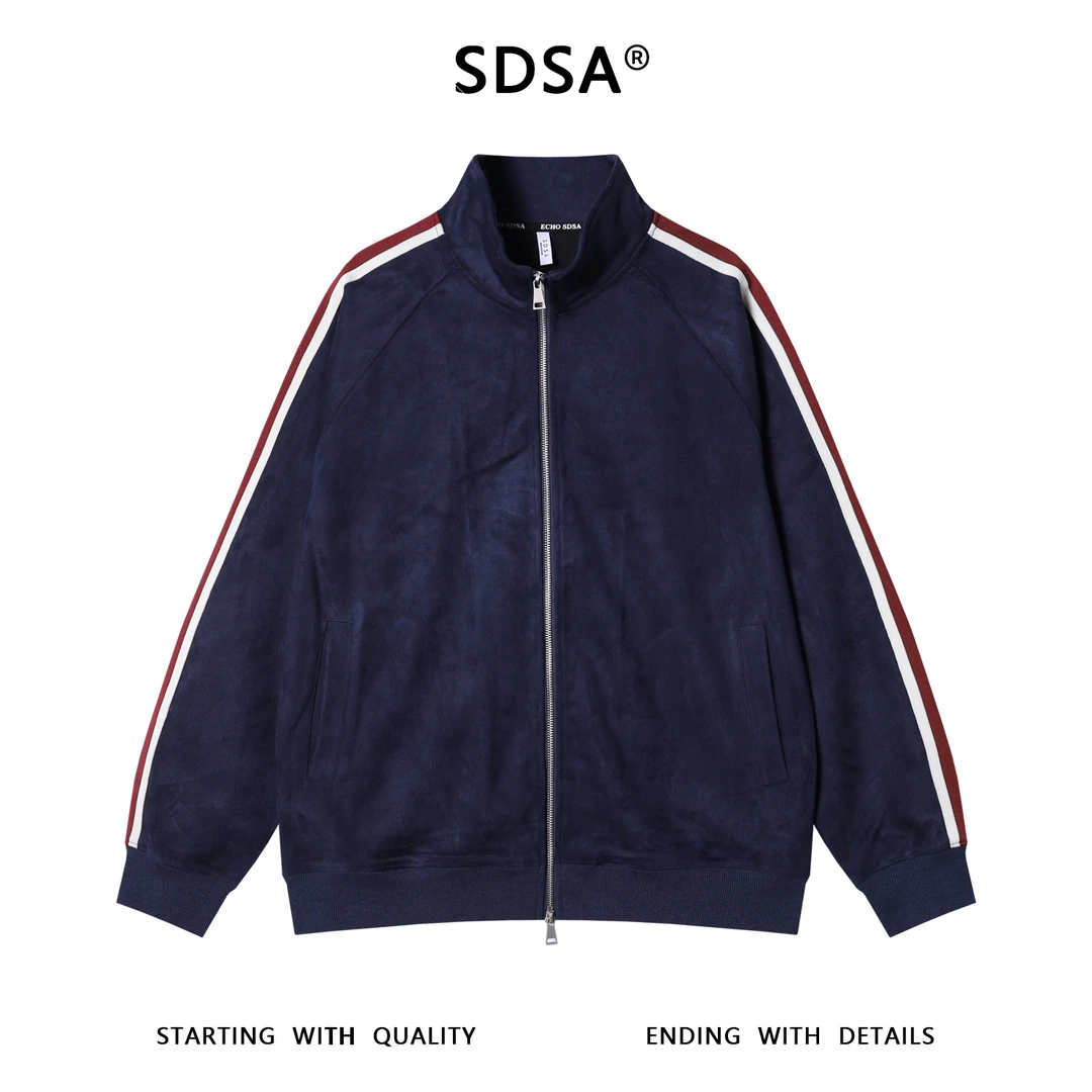 SDSA秋冬新款痞帅男装潮牌轻奢绒面撞色织带拉链立领卫衣时尚上衣