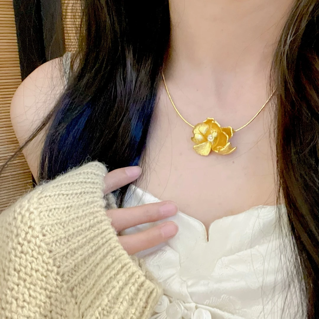 铜合金项链 新中式古法鎏金宫廷风富贵轻奢镶钻拉丝【芍药花吊坠】