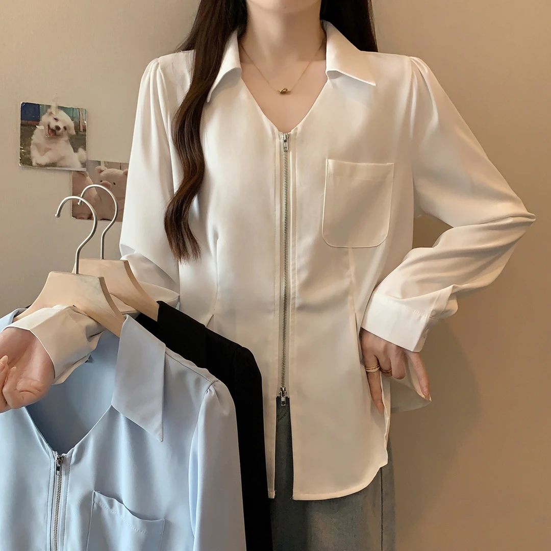 63479大码女装2024初秋新款百搭显瘦双拉链衬衫胖mm时尚减龄衬衣