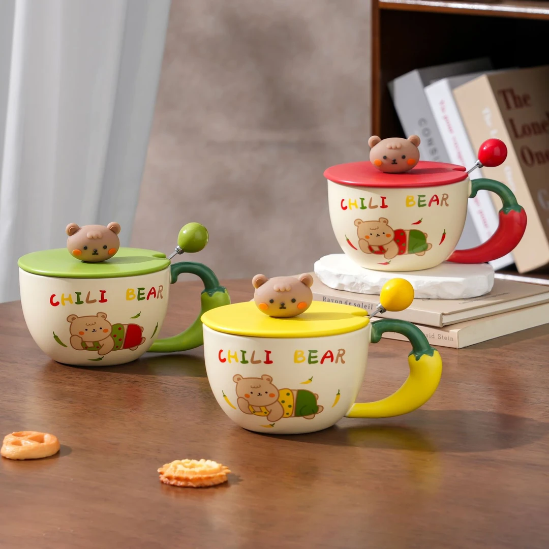 大容量早餐杯燕麦碗高颜值马克杯慵懒小熊带盖带勺陶瓷杯办公家用