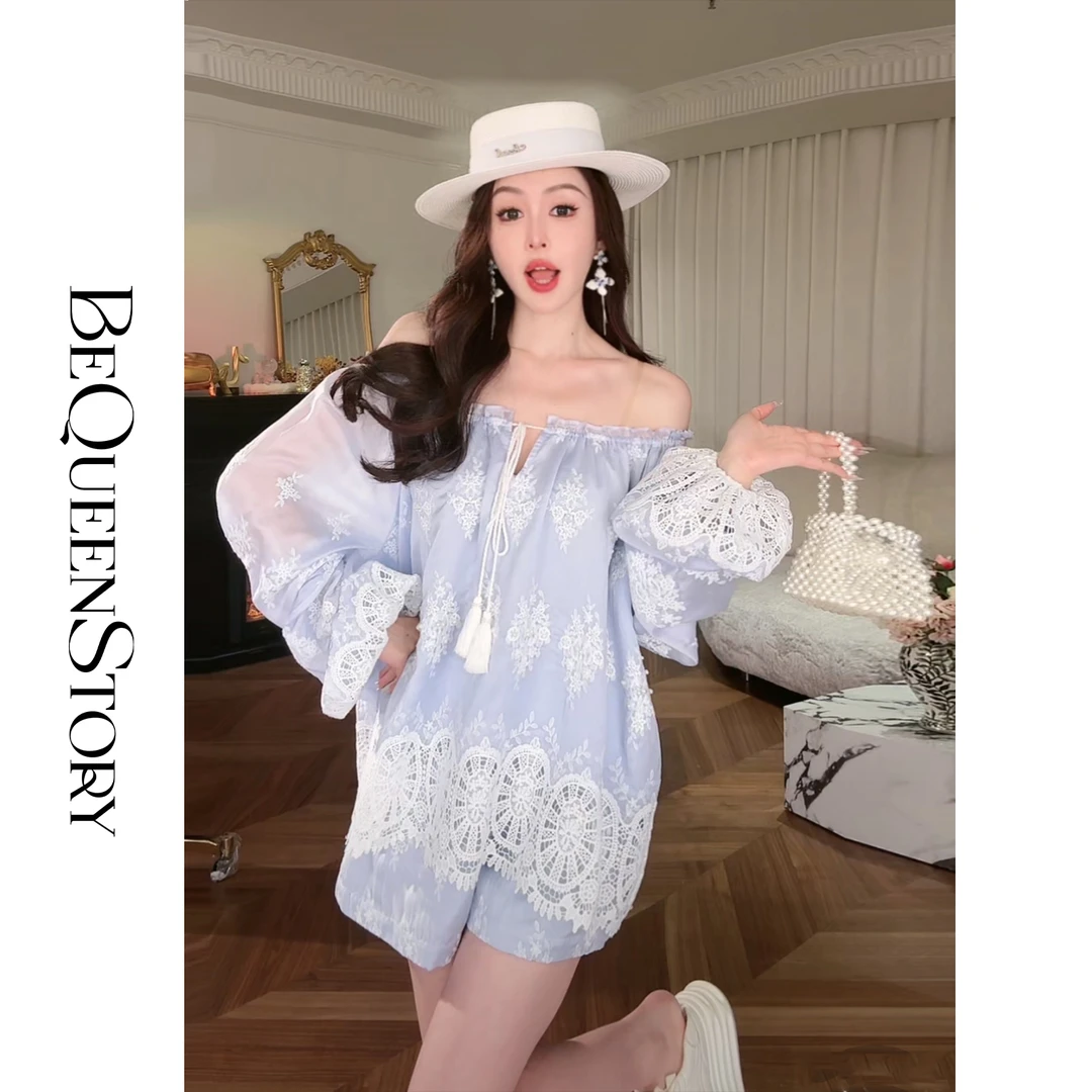 余潇潇【海岛情诗】镂空刺绣宽松上衣&高腰A字短裤套装