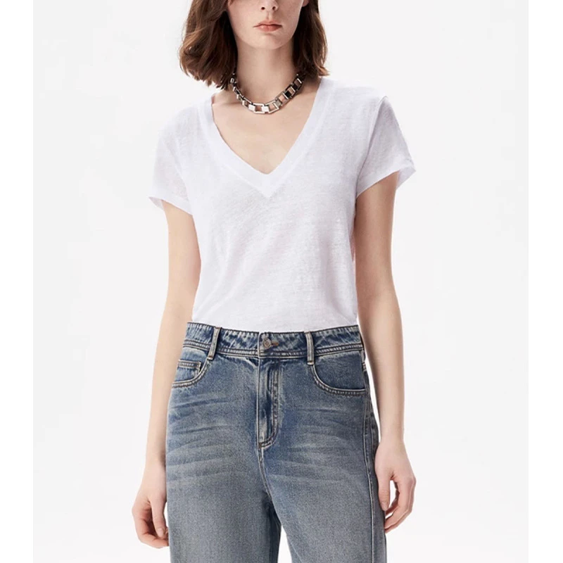 【IR订单】通勤纯色女士T恤时尚短袖V领气质针织上衣0177