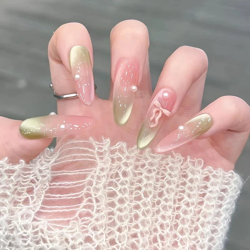 【蜜桃青柠】纯手工穿戴甲渐变夏日纯手作百搭高级显白光疗美甲贴