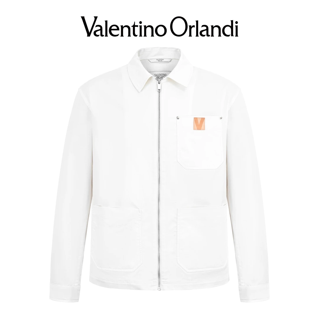 Valentino orlandi男士春秋B版时尚百搭皮质V标真口袋夹克外套