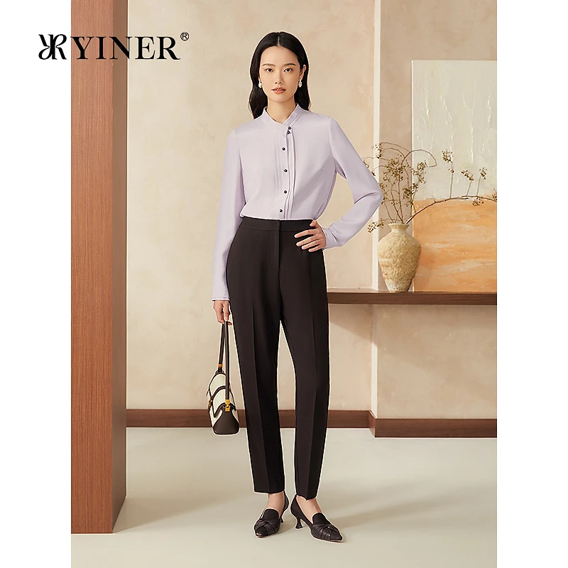 YINER音儿2025春季新款法式时尚皱褶拼接小立领蚕丝混纺衬衫上衣